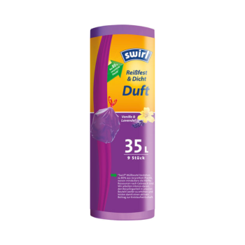 Swirl Duft-Müllbeutel Reißfest & Dicht 35 Liter Vanille & Lavendel, mit Zugband, violett/blickdicht, aus 80 % recyceltem Plastik